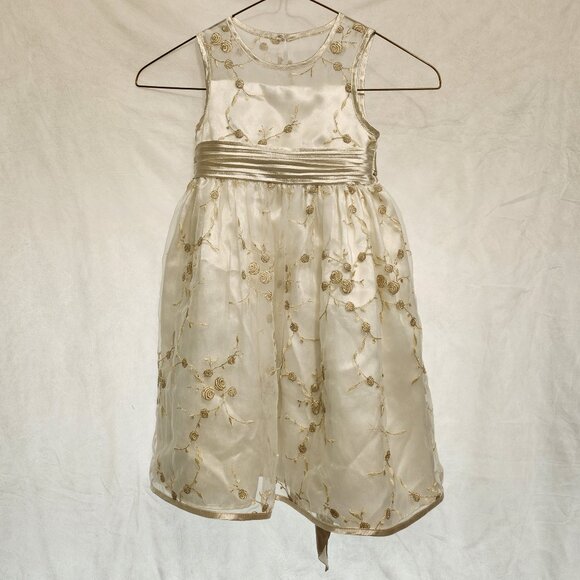Beige/Cream & Gold Girls Dress with Ribbon - Picture 1 of 8